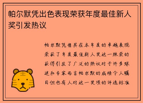 帕尔默凭出色表现荣获年度最佳新人奖引发热议